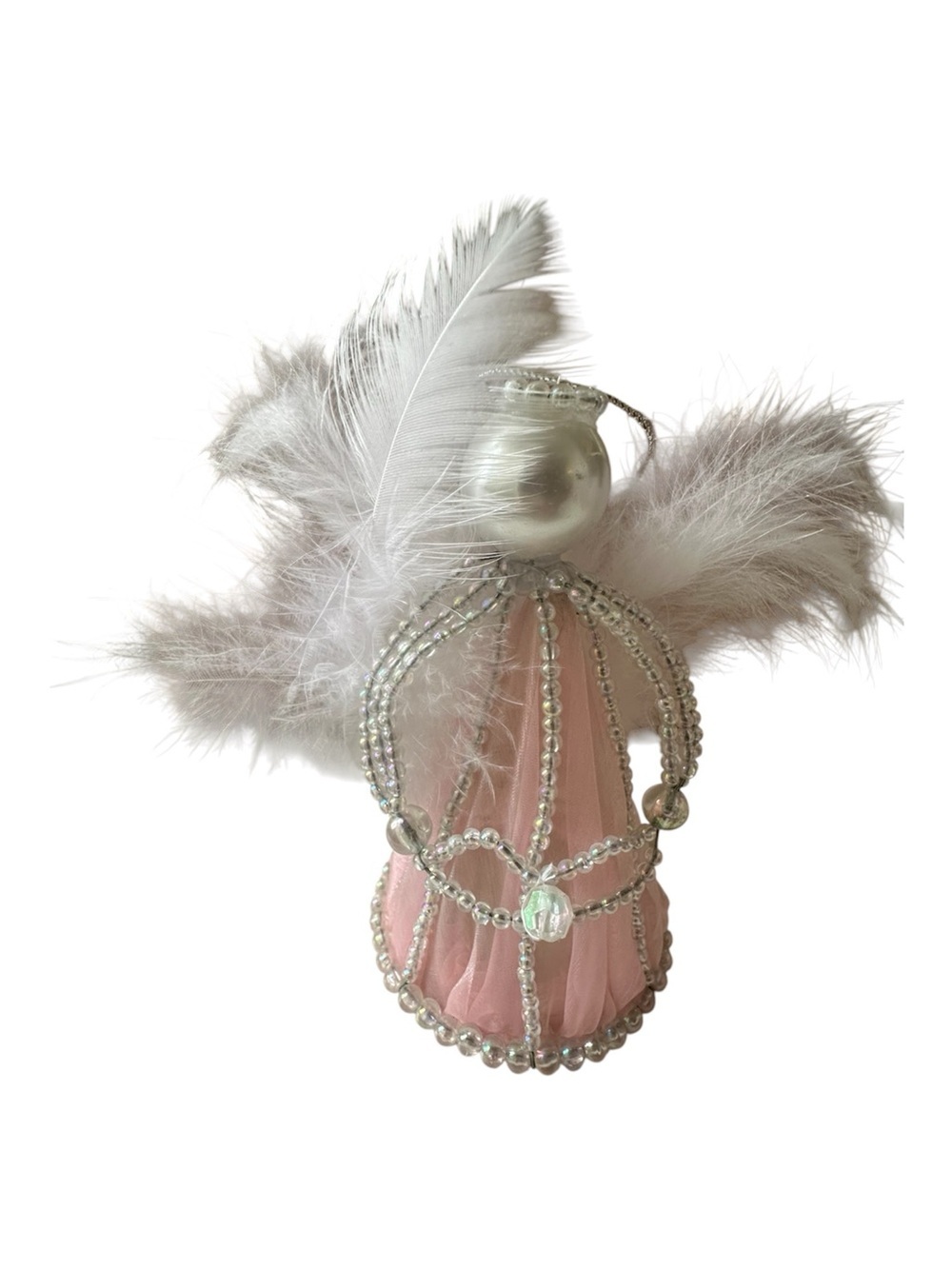 Vtg Pink Feathered Beaded Angel Pair Ornaments